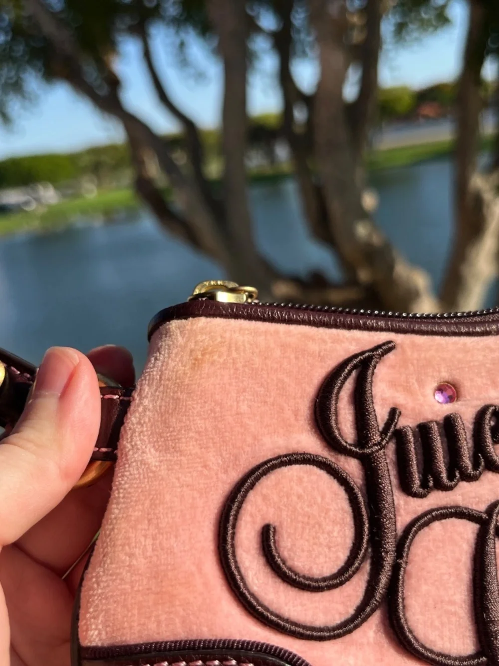 VINTAGE Y2K JUICY COUTURE ROSE EMBROIDERED VELOUR WRISTLET PINK BROWN RARE